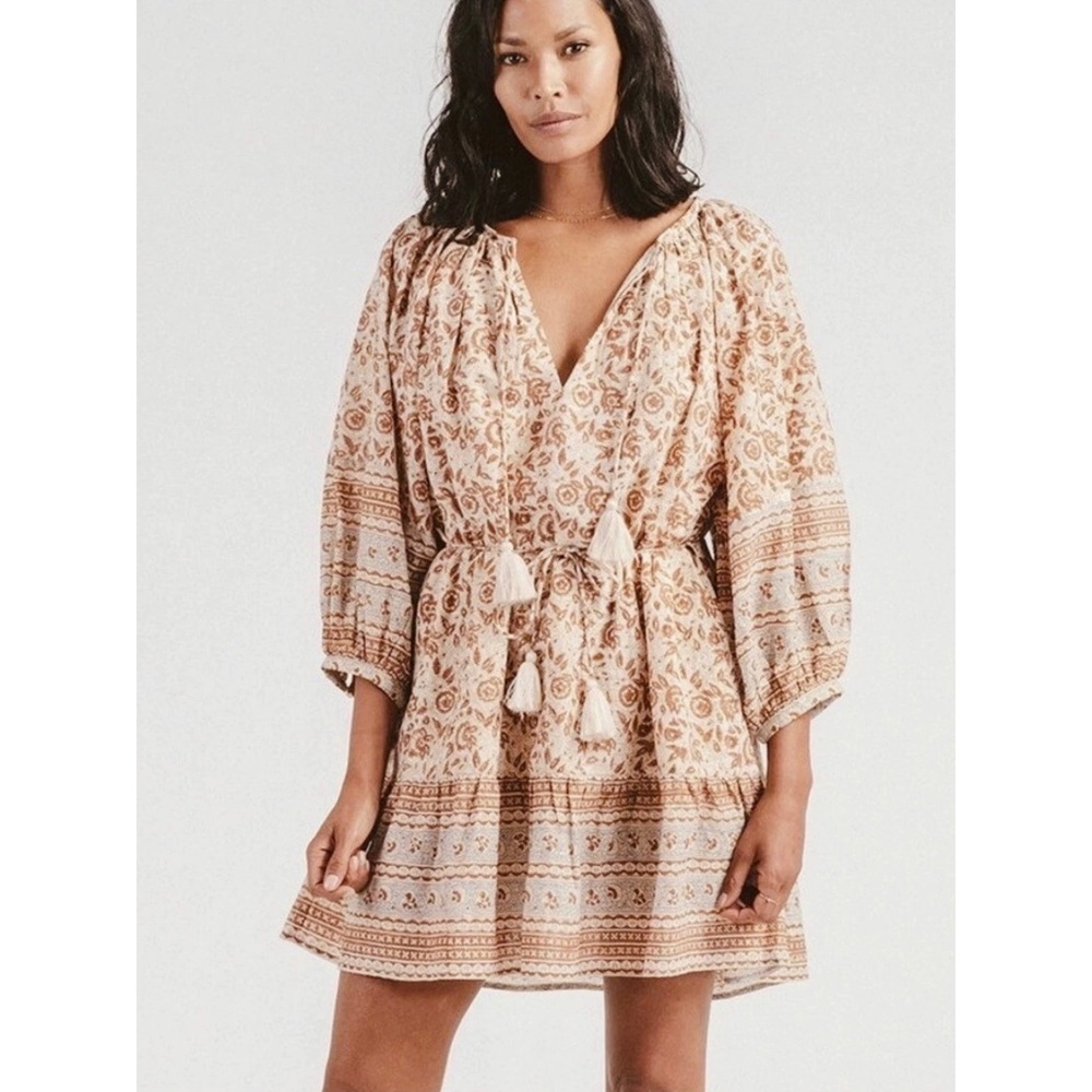Cleobella Rosy Mini Dress | Tamil Block Print | Medium | Neutral Floral